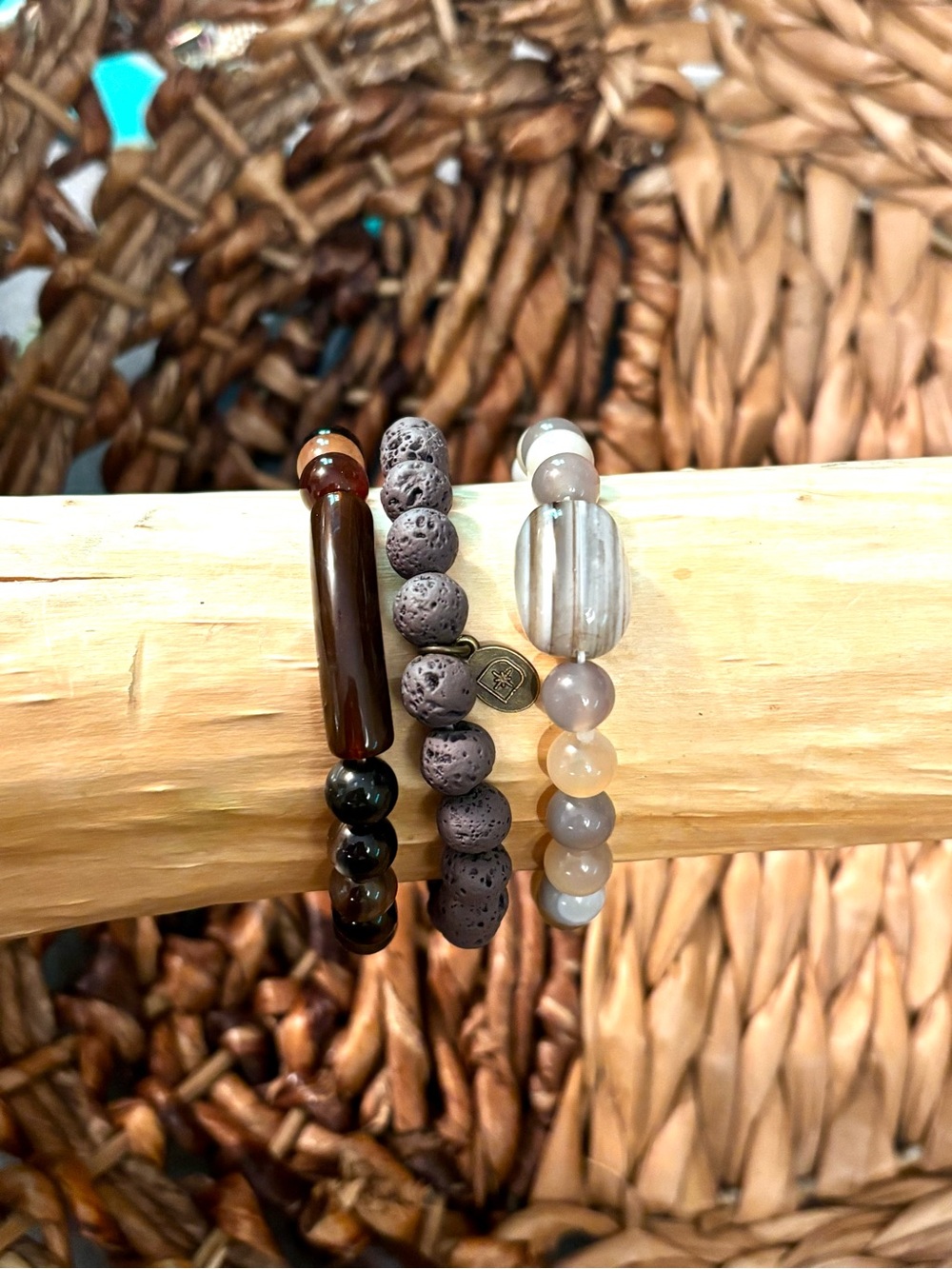 Handcrafted Neutral Stone & Lava Bead Women's Bracelet Stack Set